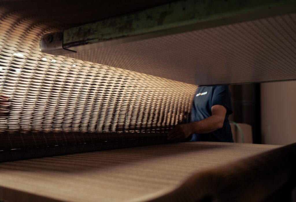 Paper honeycomb core being palletized at the end of the production process.